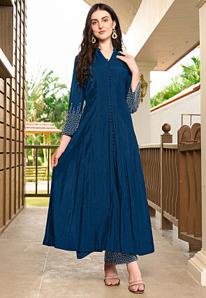 Embroidered Art Silk Anarkali Kurta in Blue