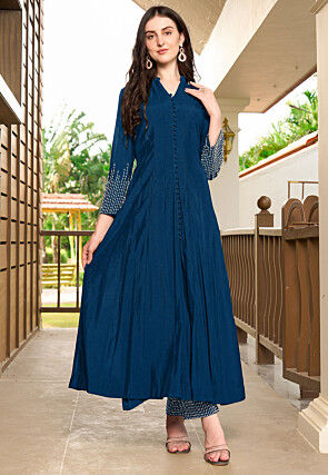 Embroidered Art Silk Anarkali Kurta Set in Blue