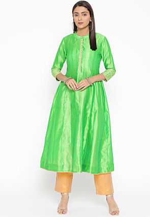 Embroidered Art Silk Anarkali Kurta Set in Light Green