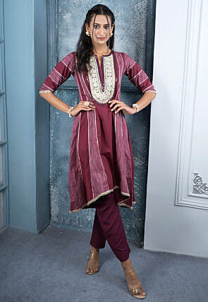 Embroidered Art Silk Anarkali Kurta Set in Wine