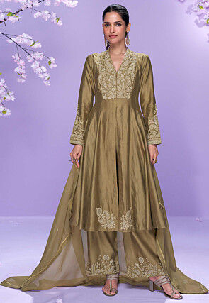 Embroidered Art Silk Anarkali Suit in Beige