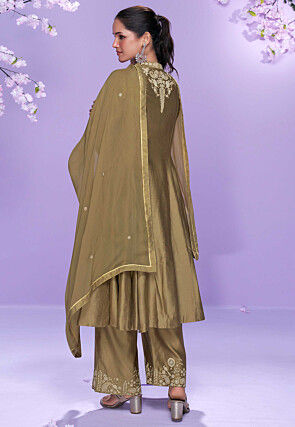 Embroidered Art Silk Anarkali Suit in Beige