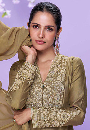 Embroidered Art Silk Anarkali Suit in Beige
