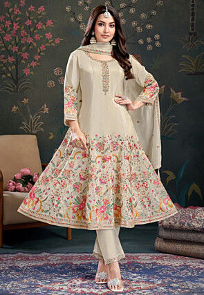 Embroidered Art Silk Anarkali Suit in Beige