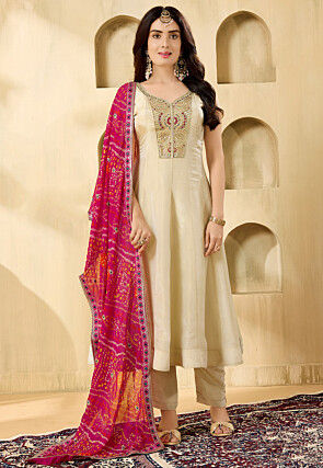 Embroidered Art Silk Anarkali Suit in Beige