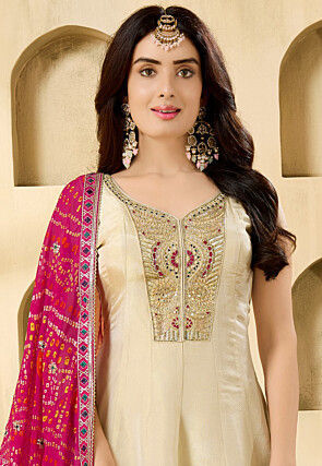 Embroidered Art Silk Anarkali Suit in Beige