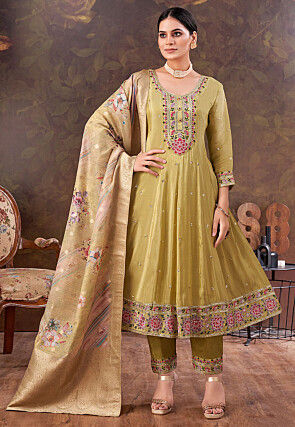 Embroidered Art Silk Anarkali Suit in Beige
