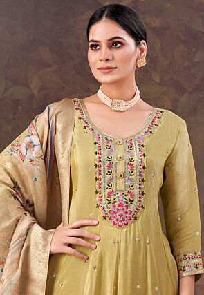Embroidered Art Silk Anarkali Suit in Beige