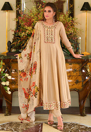 Embroidered Art Silk Anarkali Suit in Beige