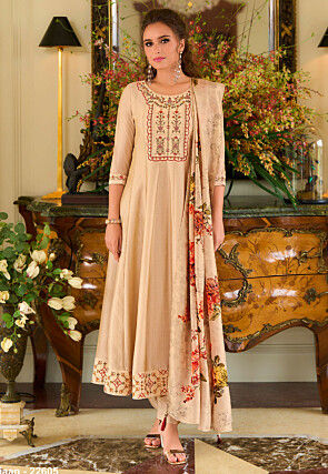 Embroidered Art Silk Anarkali Suit in Beige