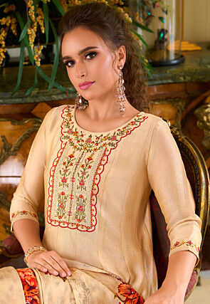 Embroidered Art Silk Anarkali Suit in Beige