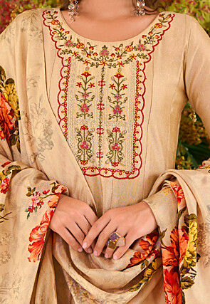 Embroidered Art Silk Anarkali Suit in Beige