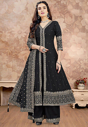 Embroidered Art Silk Anarkali Suit in Black