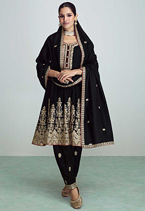 Embroidered Art Silk Anarkali Suit in Black