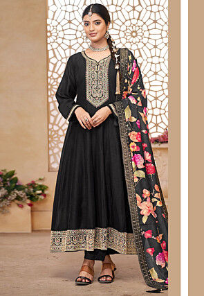 Embroidered Art Silk Anarkali Suit in Black