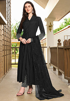Embroidered Art Silk Anarkali Suit in Black
