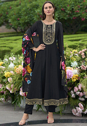 Embroidered Art Silk Anarkali Suit in Black