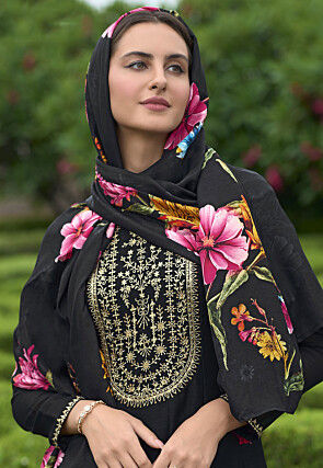 Embroidered Art Silk Anarkali Suit in Black