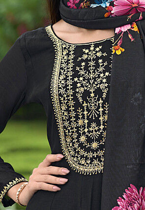 Embroidered Art Silk Anarkali Suit in Black