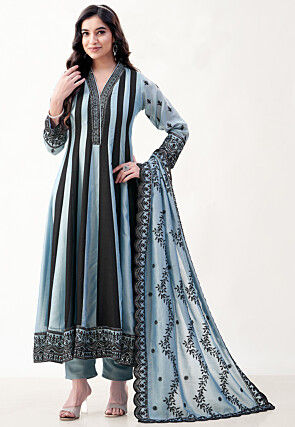 Embroidered Art Silk Anarkali Suit in Blue and Black
