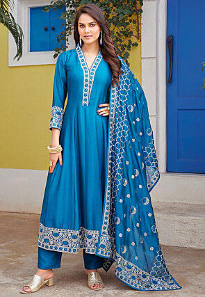 Embroidered Art Silk Anarkali Suit in Blue