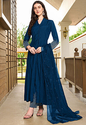 Embroidered Art Silk Anarkali Suit in Blue
