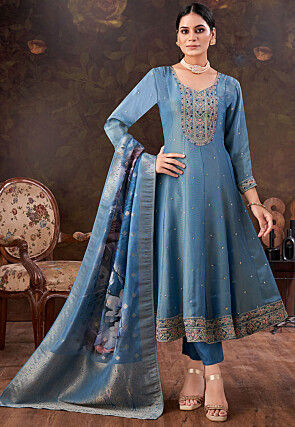 Embroidered Art Silk Anarkali Suit in Blue