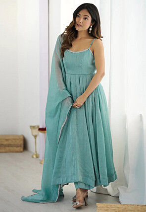 Embroidered Art Silk Anarkali Suit in Blue
