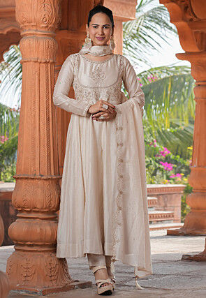 Embroidered Art Silk Anarkali Suit in Cream
