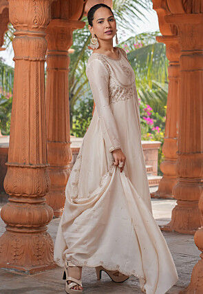 Embroidered Art Silk Anarkali Suit in Cream