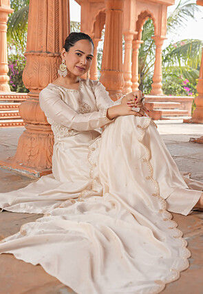 Embroidered Art Silk Anarkali Suit in Cream