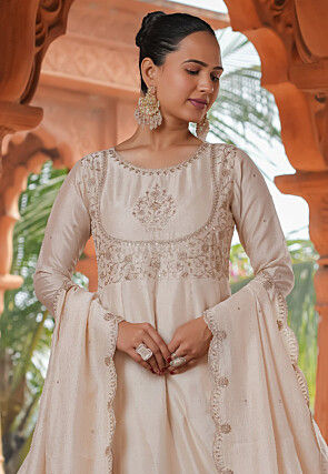Embroidered Art Silk Anarkali Suit in Cream