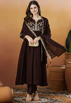 Embroidered Art Silk Anarkali Suit in Dark Brown