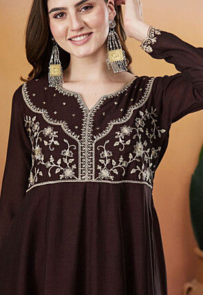 Embroidered Art Silk Anarkali Suit in Dark Brown