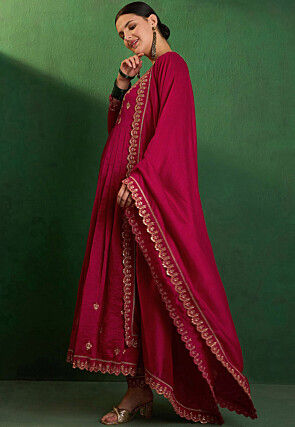 Embroidered Art Silk Anarkali Suit in Dark Fuchsia
