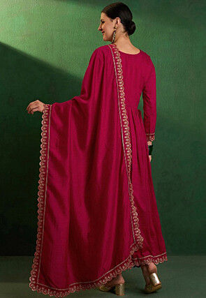 Embroidered Art Silk Anarkali Suit in Dark Fuchsia