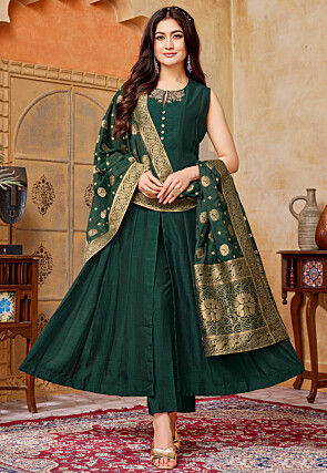 Embroidered Art Silk Anarkali Suit in Dark Green