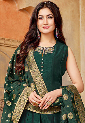 Embroidered Art Silk Anarkali Suit in Dark Green