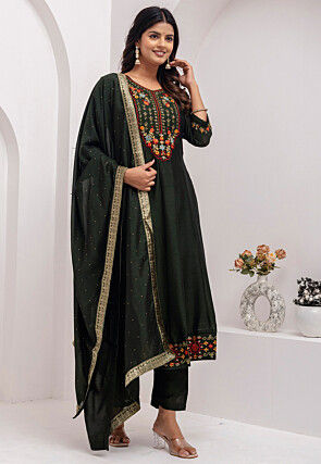 Embroidered Art Silk Anarkali Suit in Dark Green