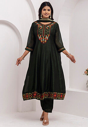Embroidered Art Silk Anarkali Suit in Dark Green