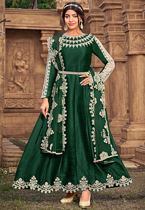 Embroidered Art Silk Anarkali Suit in Dark Green