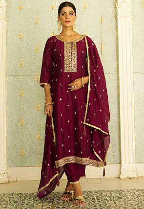 Embroidered Art Silk Anarkali Suit in Dark Magenta