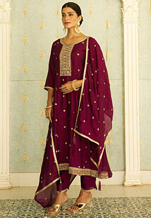 Embroidered Art Silk Anarkali Suit in Dark Magenta
