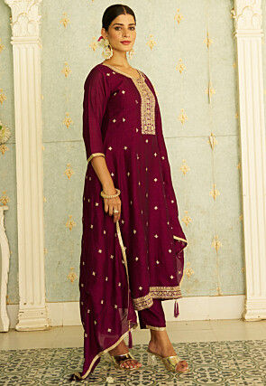 Embroidered Art Silk Anarkali Suit in Dark Magenta