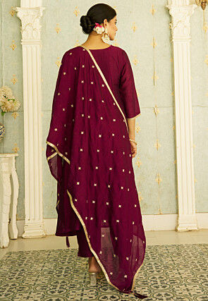 Embroidered Art Silk Anarkali Suit in Dark Magenta