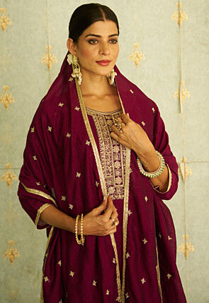 Embroidered Art Silk Anarkali Suit in Dark Magenta