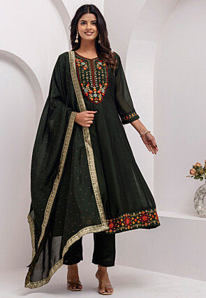 Embroidered Art Silk Anarkali Suit in Dark Olive Green