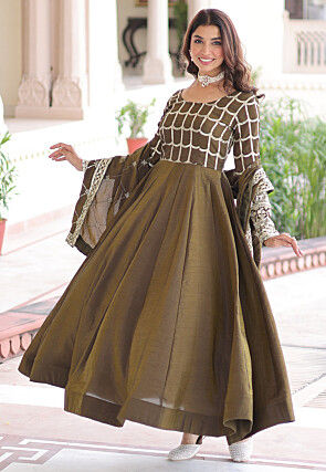 Embroidered Art Silk Abaya Style Suit in Dark Olive Green