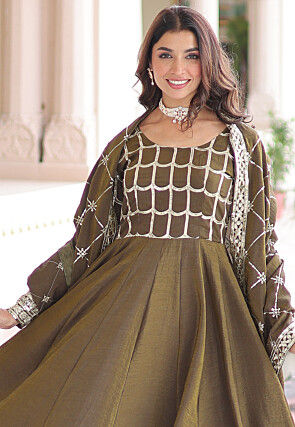 Embroidered Art Silk Abaya Style Suit in Dark Olive Green