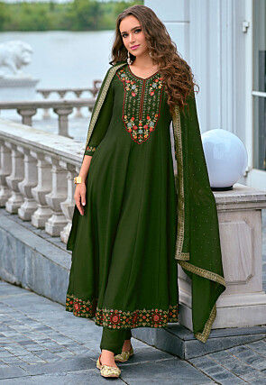 Embroidered Art Silk Anarkali Suit in Dark Olive Green